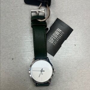 Coach Silver Watch with Green and Brown Leather Strap